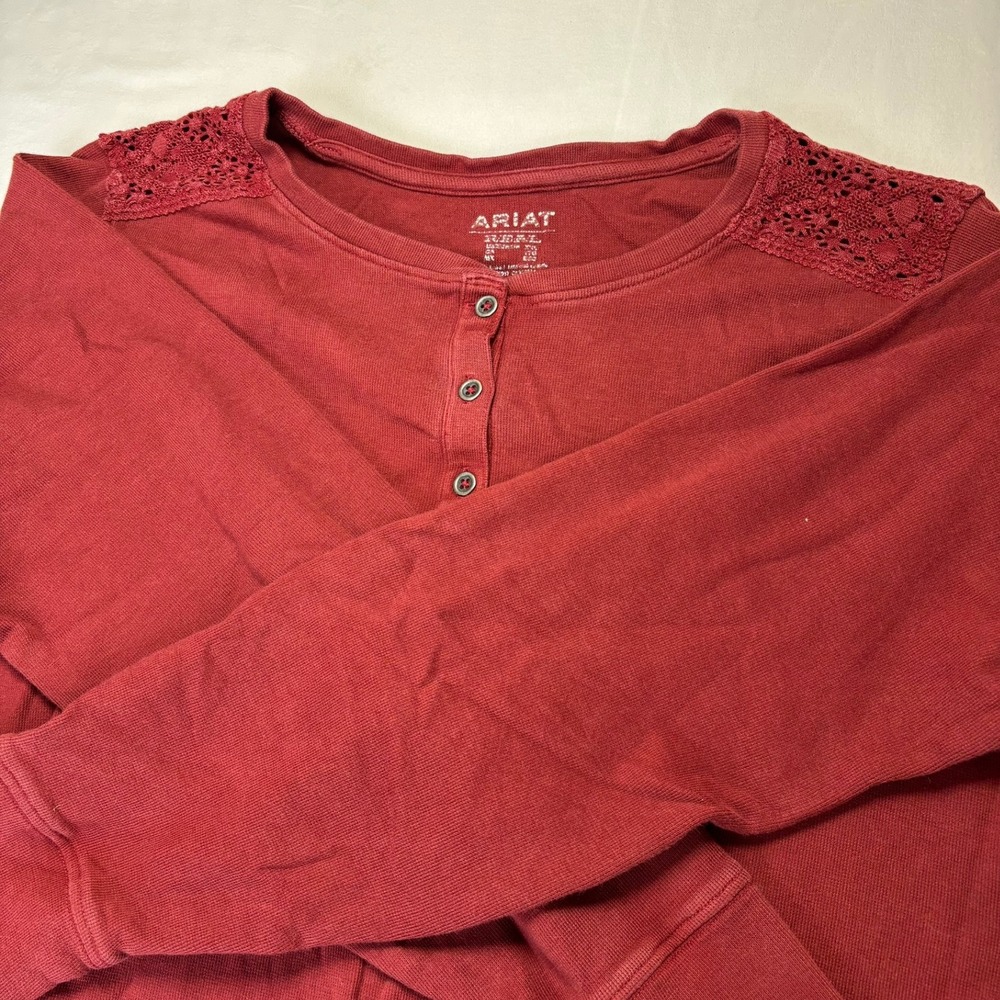 Ariat Henley Shirt Womens XXL Red Long Sleeve Lace Shoulder Workwear Pullover